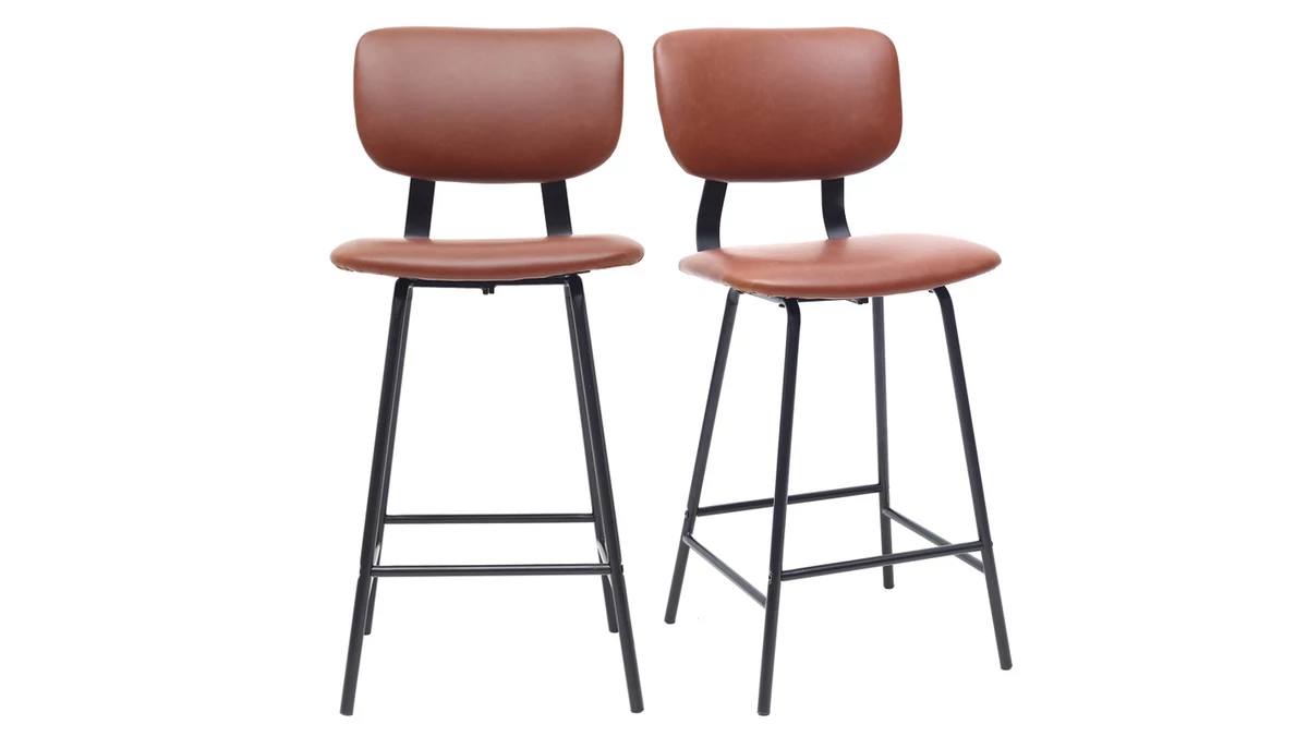 Tabourets De Bar Vintage Marron Clair Avec Pieds Métal 65 Cm (lot De 2) LAB 3 Tabourets De Bar Vintage Marron Clair Avec Pieds Métal 65 Cm (lot De 2) LAB