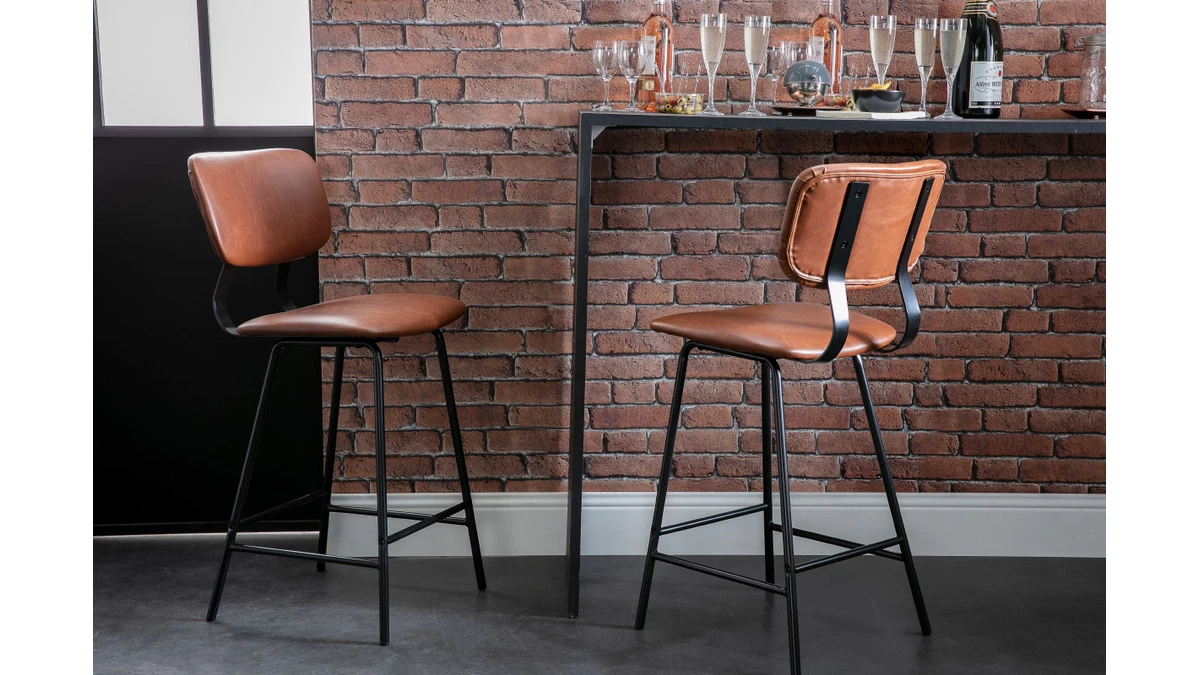 Tabourets De Bar Vintage Marron Clair Avec Pieds Métal 65 Cm (lot De 2) LAB 10 Tabourets De Bar Vintage Marron Clair Avec Pieds Métal 65 Cm (lot De 2) LAB – Image 8