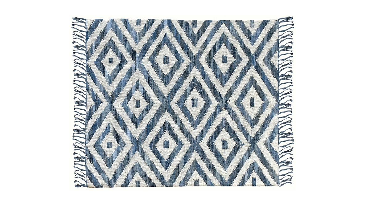 Tapis Ethnique En Coton Bleu Et Blanc 160 X 230 Cm ACANTE 3 Tapis Ethnique En Coton Bleu Et Blanc 160 X 230 Cm ACANTE