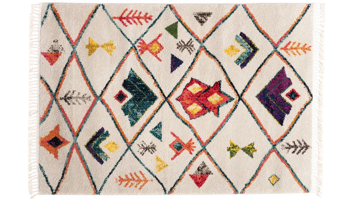 Tapis Motif Berbère Multicolore Avec Pompons Blancs L160 X L230 Cm ALADIN 3 Tapis Motif Berbère Multicolore Avec Pompons Blancs L160 X L230 Cm ALADIN
